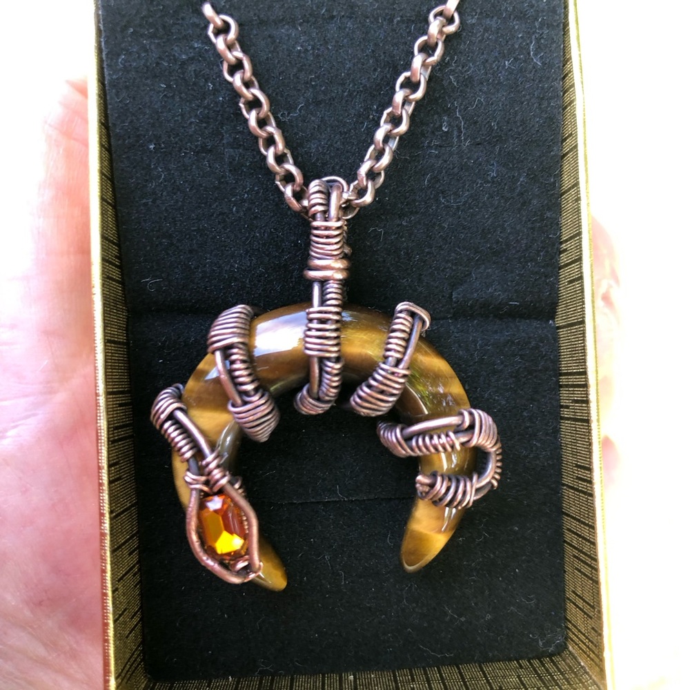 Hand Crafted Tiger Eye  Pendant Necklace and Amber Crystal Unisex